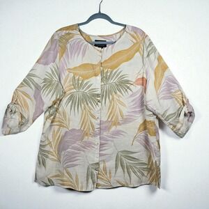 Tahari Woman 2X Button Down‎ Shirt 100% Linen Tropical Palm Leaf Roll Tab Sleeve